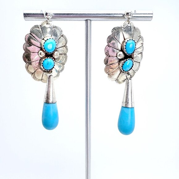 VTG Sterling Silver 925 Turquoise Flower Design Dangle Earrings 2.25" Length - Picture 1 of 8